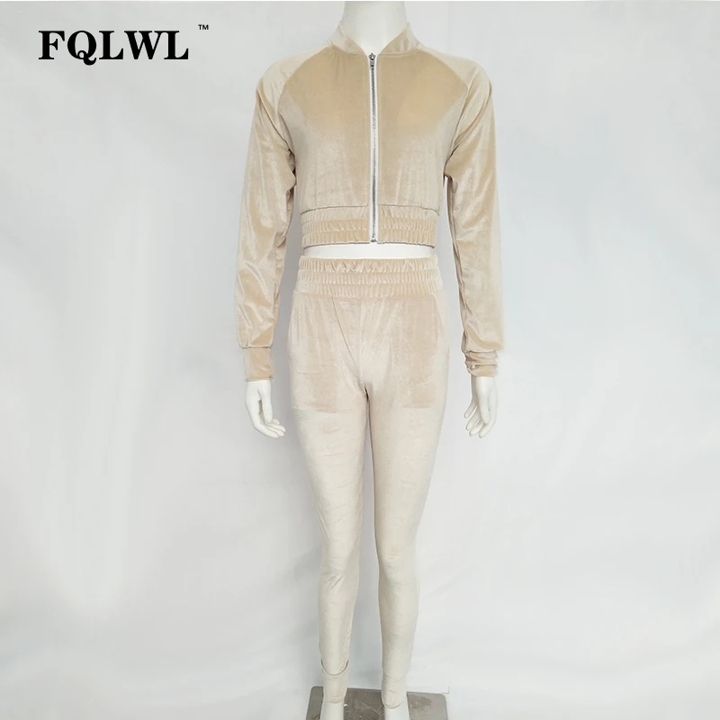 

FQLWL Casual velvet two pieces suits jumpsuit Women Long Sleeve Crop Top spockets pants 2018 Outwear Sweatsuit Zipper Tracksuit