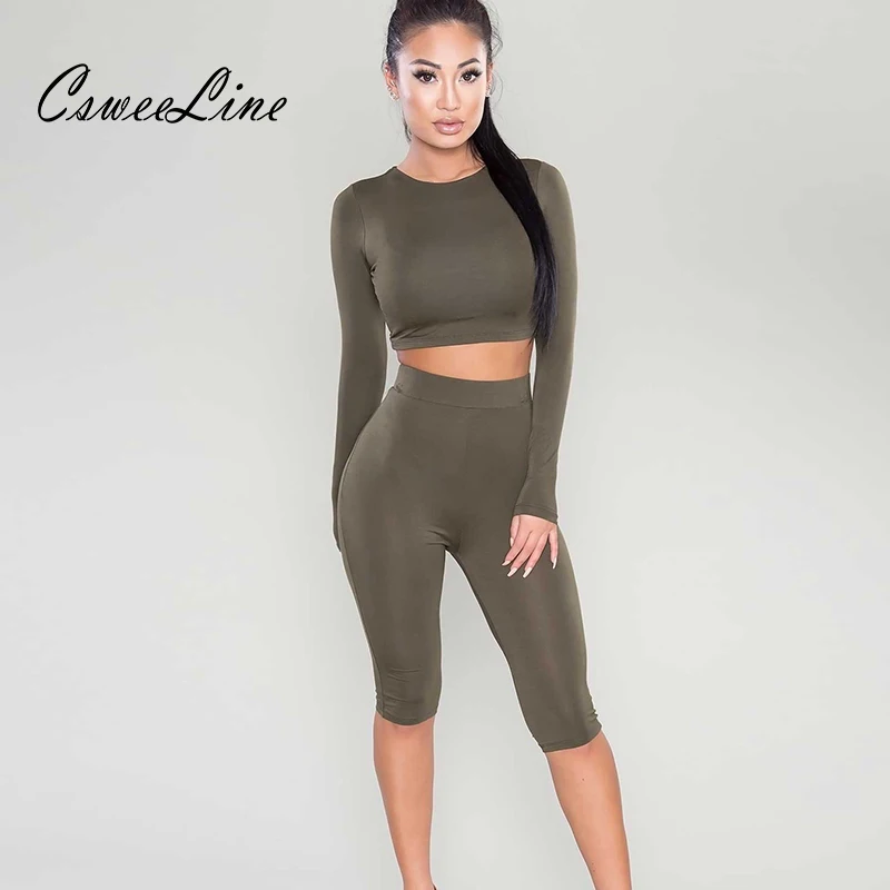Women Casual Two Piece Set Sexy Bodycon High Waist Crop Top Stretch 2 Suits Lady O-neck Long Sleeve Body Two-Piece Outfits | Женская