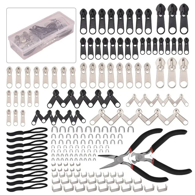 Zipper Plier Box Set 197 шт. Набор для ремонта молнии Сменные ползунки для установки плоскогубцы инструменты нейлоновый шнур застежки-молнии фиксатор Нескользящий Захват с коробкой - Цвет: Zipper Plier Box Set
