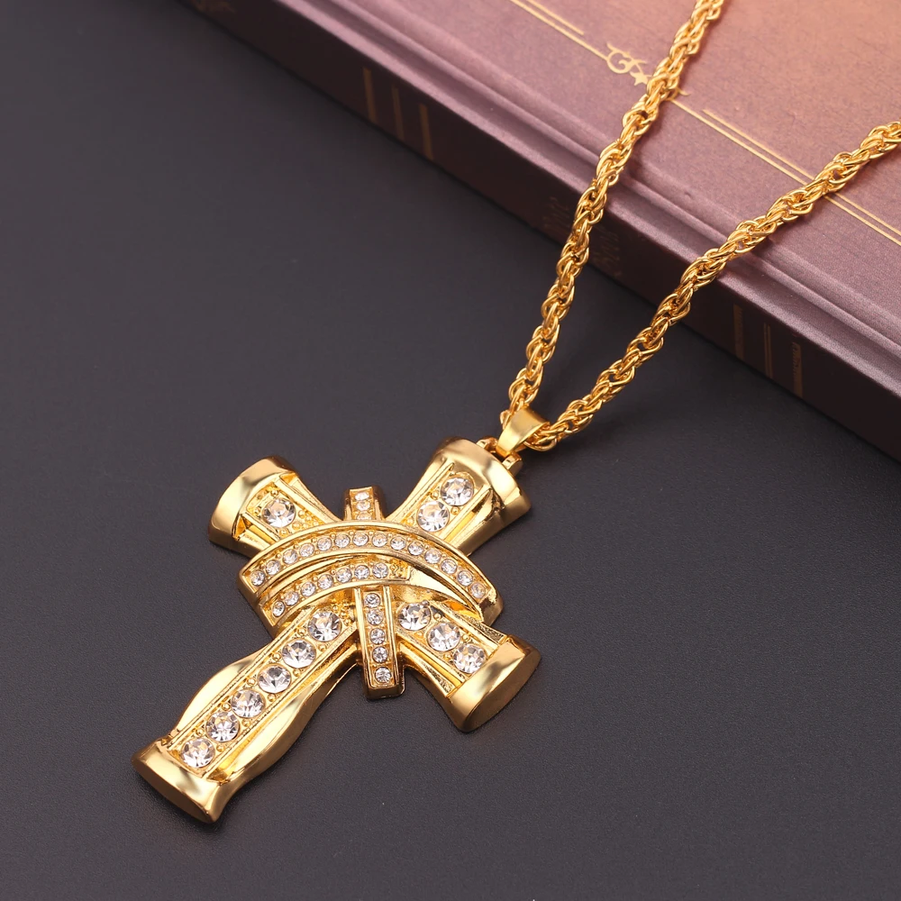 Hip Hop Stainless Steel Cross Pendant Necklace Shellhard Gold Color Crystal Long Chain Men Women Charm Jewelry | Украшения и