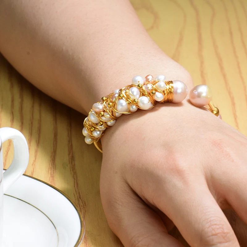 

GLSEEVO Natural Fresh Water Pearl Bracelet Irregular Shaped Pearls Jewelry Handmade Luxury Bangle Cuff For Wedding Women GB0116
