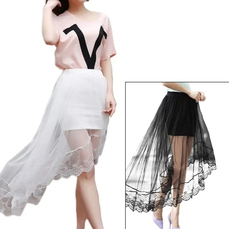 

Women Girls Summer High Waist Layered Sheer Mesh Swallowtail Midi Long Skirt Asymmetric Scalloped Lace Hem Pleated Party Skirts