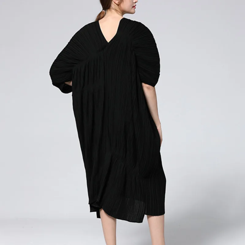

LANMREM 2021 Spring summer New Fashion Temperament Women's clothes Loose Casual Long Pleated Solid Color Dresses famale TC224