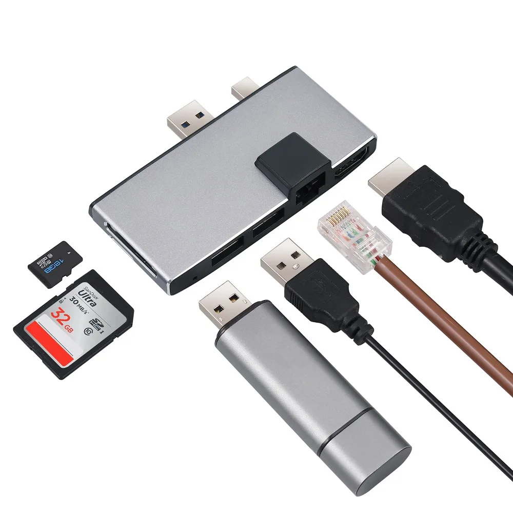 ESYNiC портативный для Surface Pro концентратор с 1000 м Ethernet LAN+ 2 порта USB 3,0+ Mini DP к HDMI+ SD/TF(Micro SD) Адаптер для карты памяти