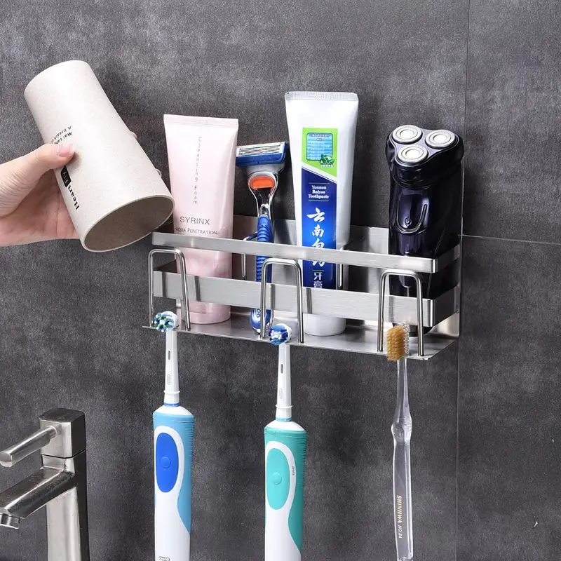 Stainless Steel Toothbrush Holder Toothpaste Stand Rack Adhesive Bathroom Organizer