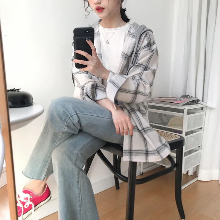 Женские свободные рубашки в Корейском стиле 2 цвета блузка клетку из