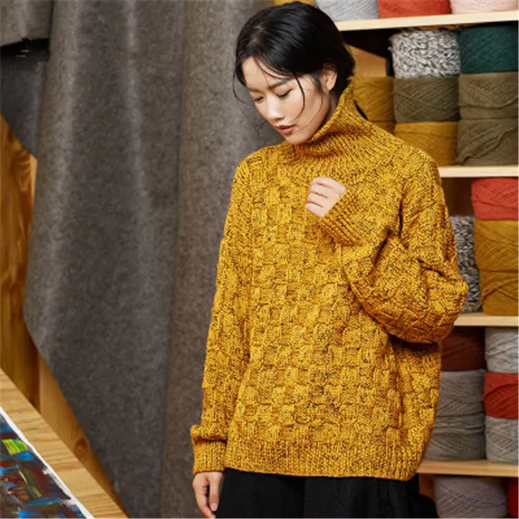 100%hand made pure wool turtleneck thick knit women streetwear loose H-straight pullover sweater one&ampover size | Женская одежда