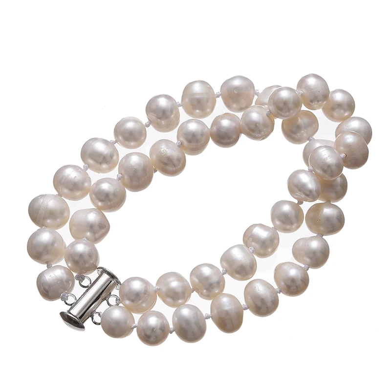 Блестящие белые жемчужины 8-9 мм ручная работа элегантные браслеты 2 ряда 7 дюймов