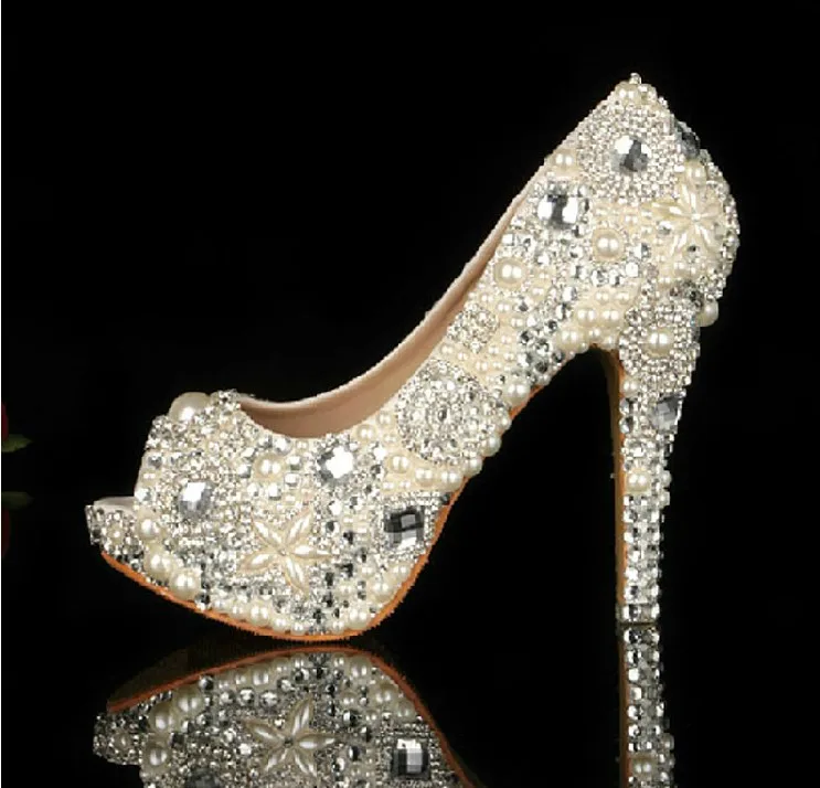 

Ivory Peep Toe High Heeled Bridal Shoes Waterproof Woman Party Prom Shoes Pearl Unique Rhinestone Wedding dress Shoes