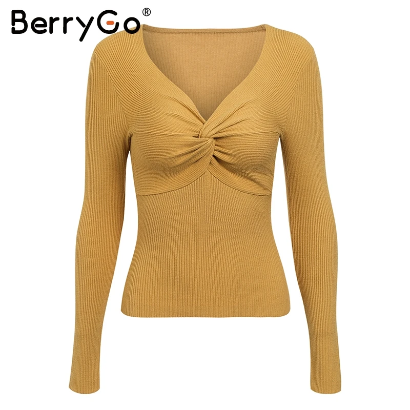 BerryGo Criss cross v neck knitted sweater women Long sleeve winter 2018 pullover All match jumper pull femme pink | Женская одежда