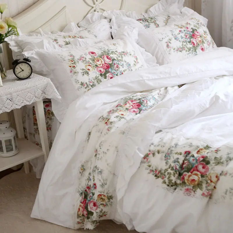 

New pastorale ruffle lace bedding set elegant princess bedding matching duvet cover flower printed bedspread emboridery bedsheet