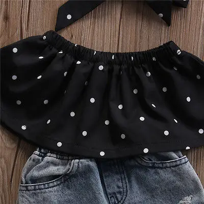 Infant Baby Girls Clothes Sets Dot Sleeveless Tops Vest Hole Denim Pants Headband 3pcs Clothing Set Girl | Детская одежда и обувь