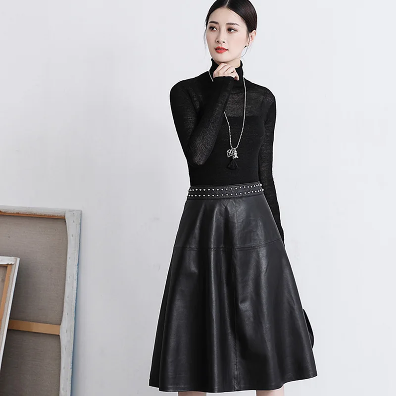 Осенняя и зимняя женская длинная юбка из натуральной овечьей кожи тонкая черная