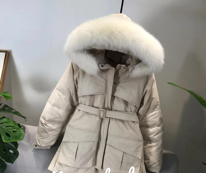 Fur Collar beige Sanishroly Новая зимняя женская короткая верхняя одежда, теплая плотная белая куртка-пуховик на утином пуху, Женская парка с поясом и большим меховым воротником, пальто с капюшоном 681 - Цвет: Fur Collar beige
