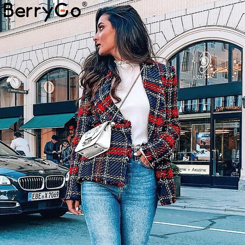 BerryGo твидовый в клетку шерстяной Блейзер Женский отложной воротник с кисточками