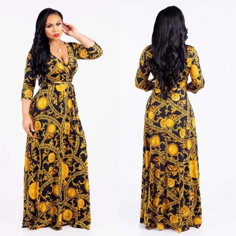 

2020 new summer women's long-sleeved dresses sexy fashion digital print Europe States plus size wind big swing long dress female