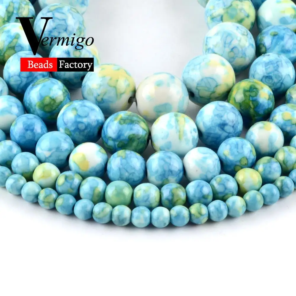 Natural Blue Green Rain Flower Stone Spacer Loose Beads For Jewelry Making 4mm-10mm Round DIY Necklace Bracelet 15&quot | Украшения и