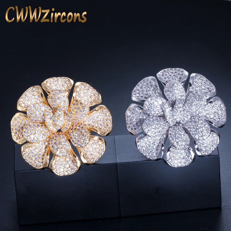 Cwwzircons Роскошные кубического циркония в нигерийском стиле Дубай золото себе большой цветок палец кольца для Для женщин Свадебные украшения для выпускного R123