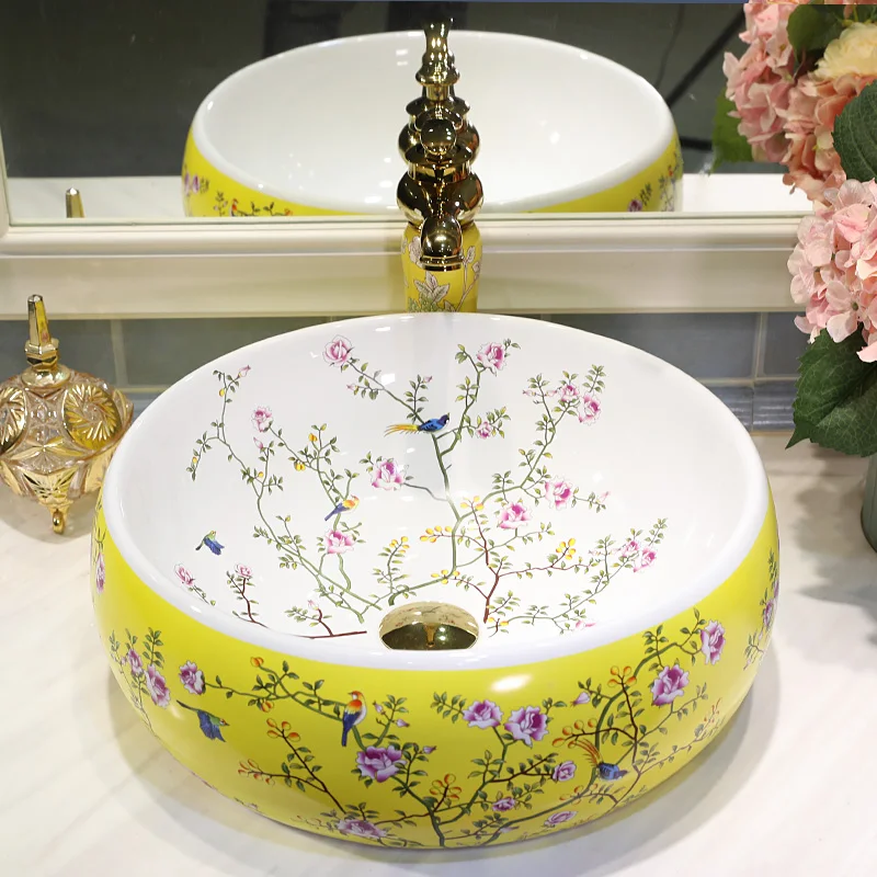 

Ceramic Painting Art Lavabo Bathroom Vessel Sinks Round Countertop wash basin china hand painted bathroom sinks flower bird