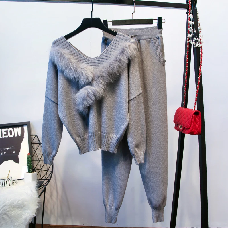 ALPHALMODA свитер с воротником из натурального меха + штаны женский зимний модный