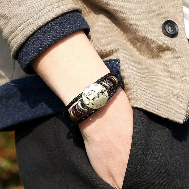 12 Constellations Leather Bracelet for Men Zodiac Signs Punk Multilayer Beads Charms Bracelets Male Jewelry | Украшения и