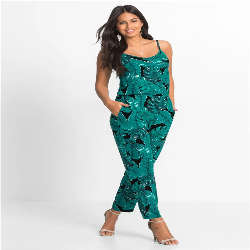 Women's Beach Leisure V-neck Sling Print Siamese Pants Jumpsuits Женская одежда
