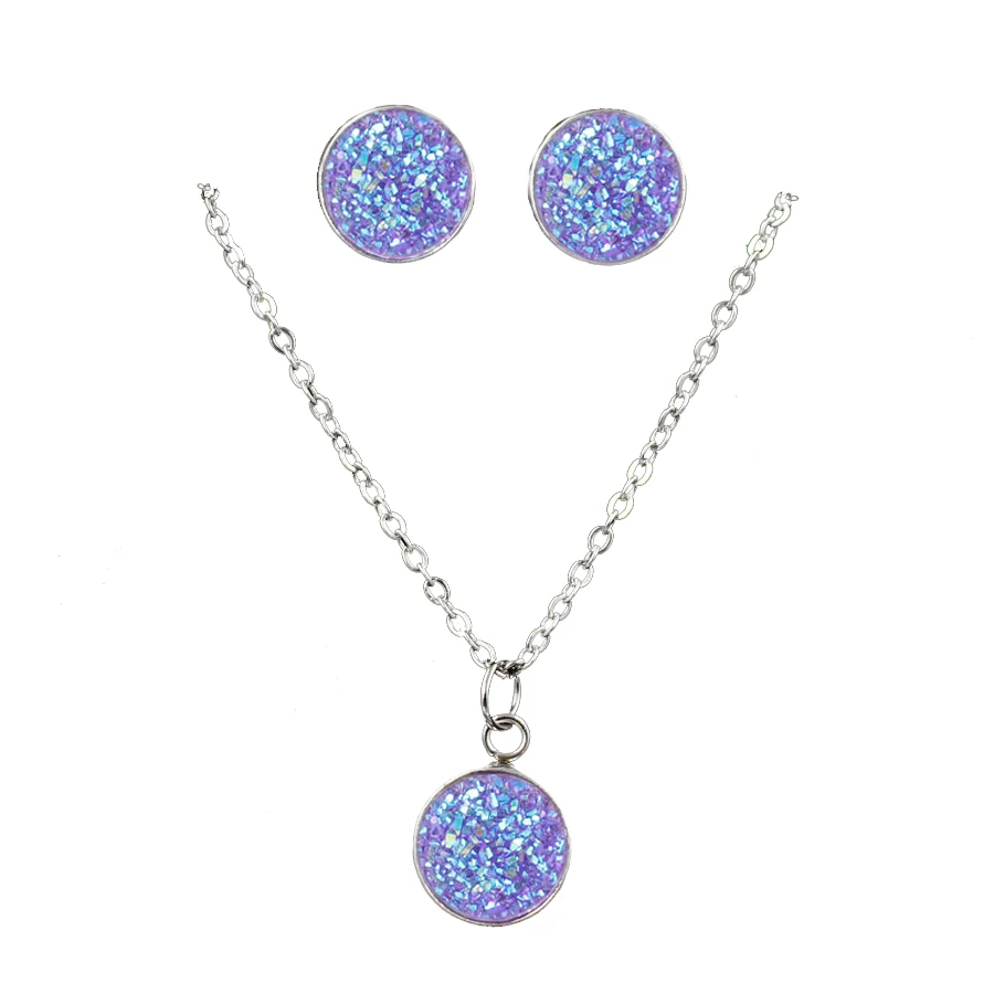 Три штуки модный Drusy круглый кулон ожерелье серьги антиаллергенные Bling Quatz Ювелирные наборы цепочка для вечеринки комплект с ушами