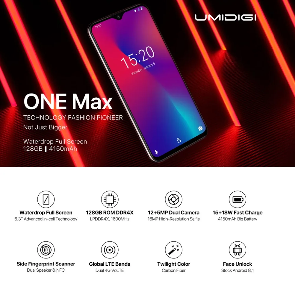 Umidigi One Max, 4G мобильный телефон, 4 Гб, 128 ГБ, 6,3 дюйма, полноэкранный смартфон с каплями воды, 4150 мАч, NFC, беспроводное зарядное устройство, мобильный телефон с функцией распознавания лица