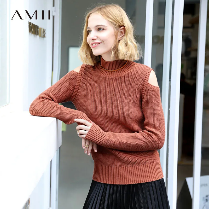 Amii Minimalist Women Autumn Sweater Chic Cotton Shoulder Exposed Hollow Female Pullovers Sweaters Joker Sweater