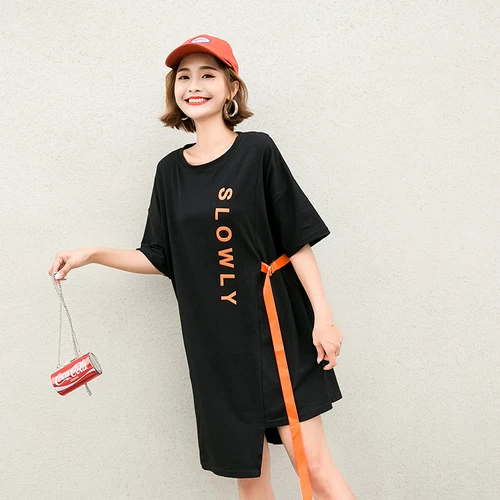 Женское летнее платье 2019 корейское Повседневное с буквенным принтом и коротким