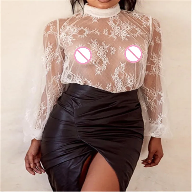 Сексуальная Женская Кружевная футболка с длинным рукавом высоким вырезом