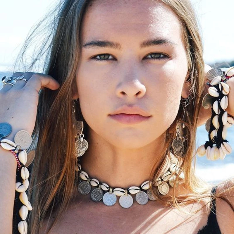 Бохо оболочка чокер ожерелье морской пляж Посеребренная монета кулон