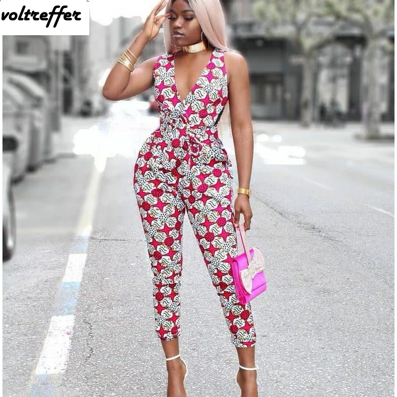 V Neck Floral Print Jumpsuits And Rompers For Women Sexy One Piece Overalls Long Pants Open Back Cross Summer Style Mono Mujer | Женская