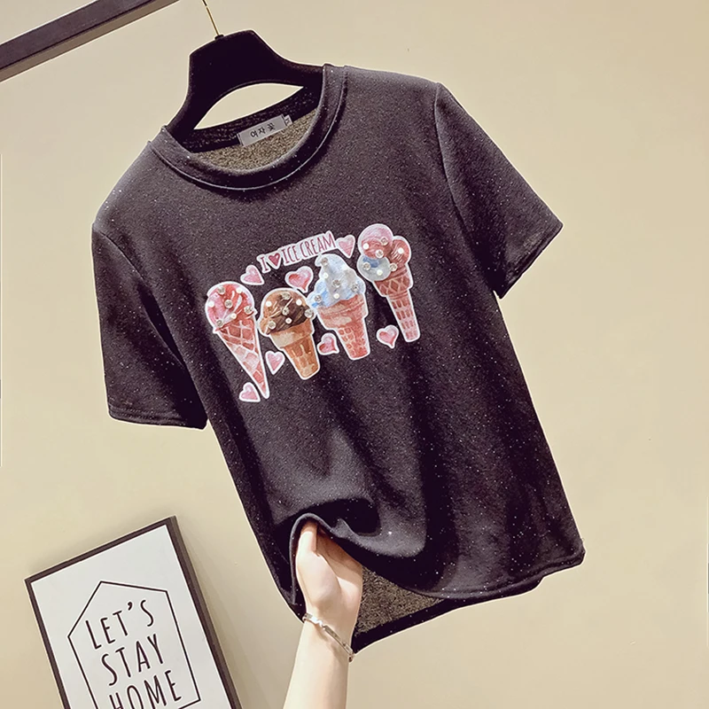Модная футболка с бриллиантами, женская футболка, хлопковый топ, camisetas verano mujer,, летние топы, футболка, женская одежда, футболка, femme