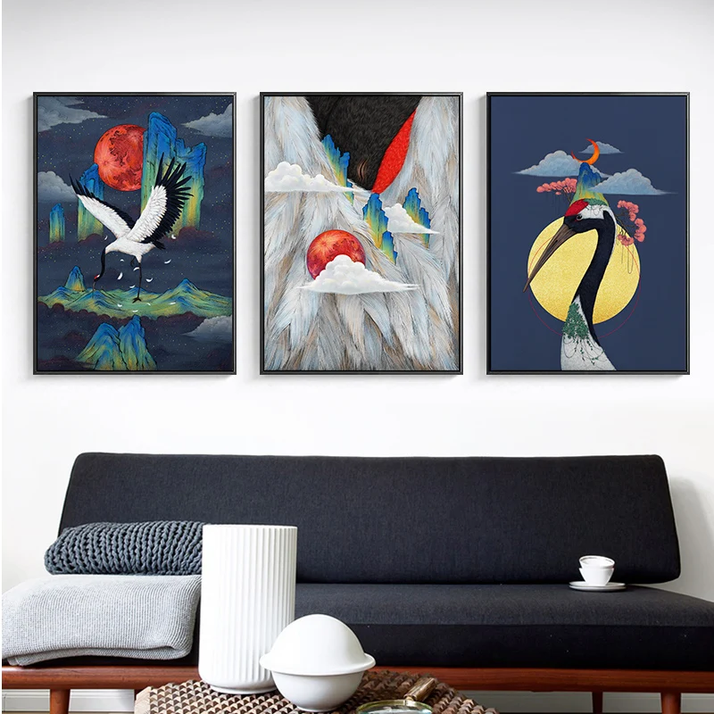 

Japanese Traditional Poster Red-Crowned Crane Canvas Painting Mountain Sunrise Abstract Landscape Wall Art Picture Home Decor