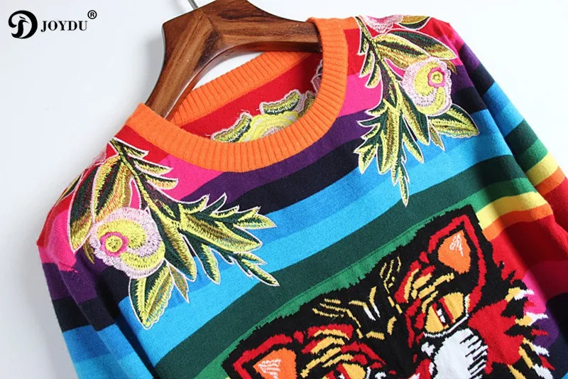 JOYDU 2018 Runway Designer Winter Sweater Women Flower Embroidery Tiger Rainbow Stripe Knitted Casual Pullover Jumper pull femme | Женская