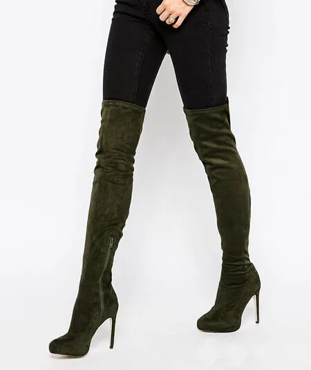 New designer custom slimmer thigh high womens suede leather long boots slip-on round toe high heel boots celebrities party shoes
