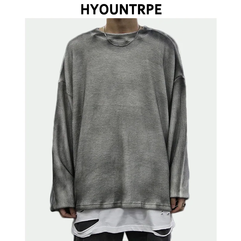 High Street Vintage Wash Sweater Men Loose Knitted Pullovers Long Sleeve Hip Hop Oversize Sweaters Autumn Casual Jumper Knitwear