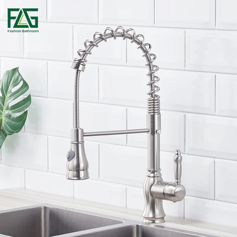 

FLG Kitchen Faucets Brushed Nickel Brass Faucet for Kitchen Tap Pull Out Rotation Spray Mixer Taps Torneira Cozinha 292-33N