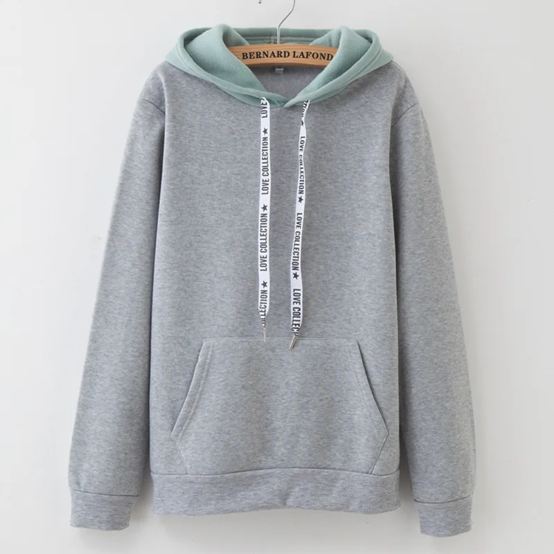 grey hoodie Толстовка с буквенным принтом и лентой, Женская толстовка Poleron Mujer,, два цвета, женские толстовки с капюшоном, милый розовый Harajuku светильник, Синяя толстовка с капюшоном в стиле пэчворк - Цвет: grey hoodie