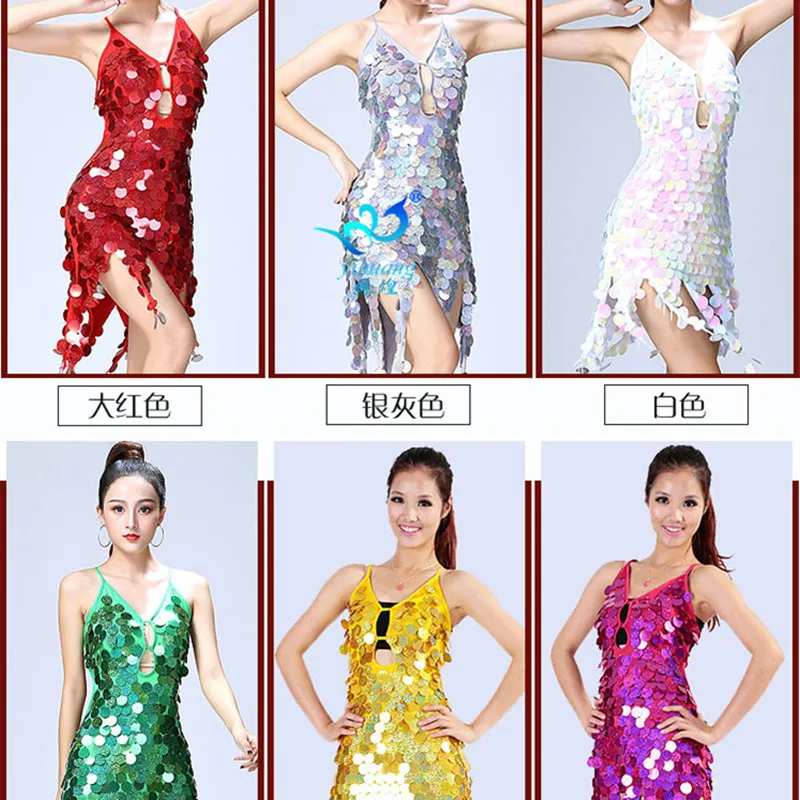 

Sexy V-neck Latin Dancewear Clothes Adult Women Girls Halter Dress Female Sequin Dance Costumes for Stage Ballroom Competition