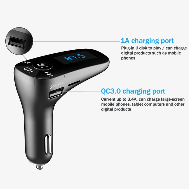 HEVXM HBQ T10 Multifunction Wireless Car MP3 Player QC3.0 Fast Car Charger Adjust Any Angle FM Transmitters Car Audio Monitor