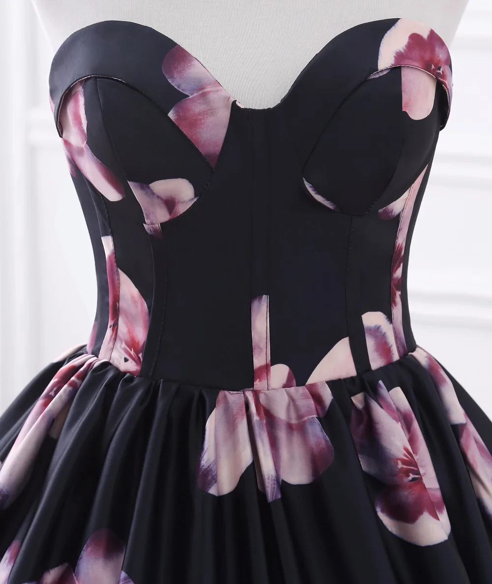 Дешевые Черные коктейльные платья а силуэта с цветочным принтом для милой