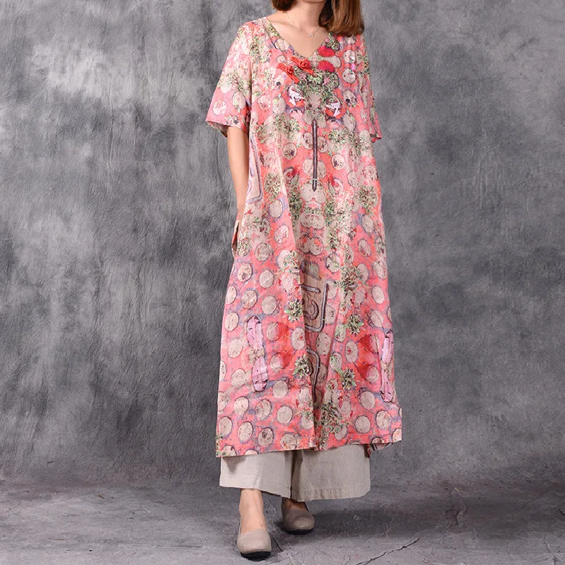 Летнее платье Для женщин Свободные Ретро v-образным вырезом короткий рукав с