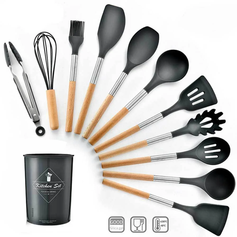 BLACk - 13 PCS 13pcs Cooking Tools Set Premium Silicone Kitchen Cooking Utensils Set With Storage Box Turner Tongs Spatula Spoon Turner - Цвет: BLACk - 13 PCS