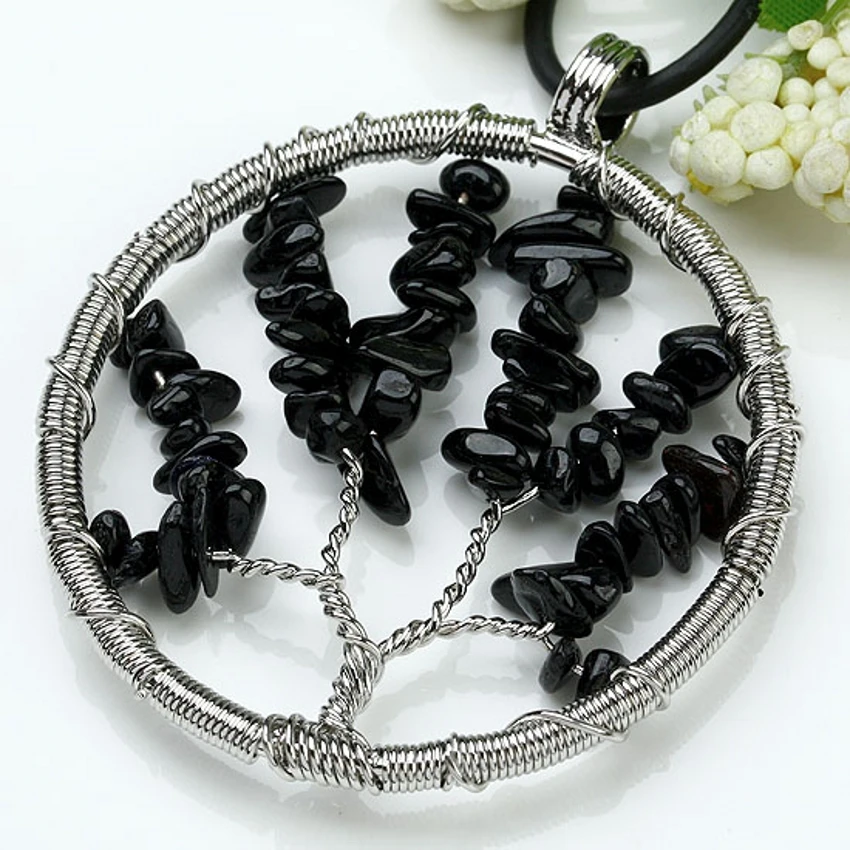 

Trendy-beads Popular Silver Plated Round Wire Winding Tree of Life Pendant Fashion Black Tourmaline Jewelry
