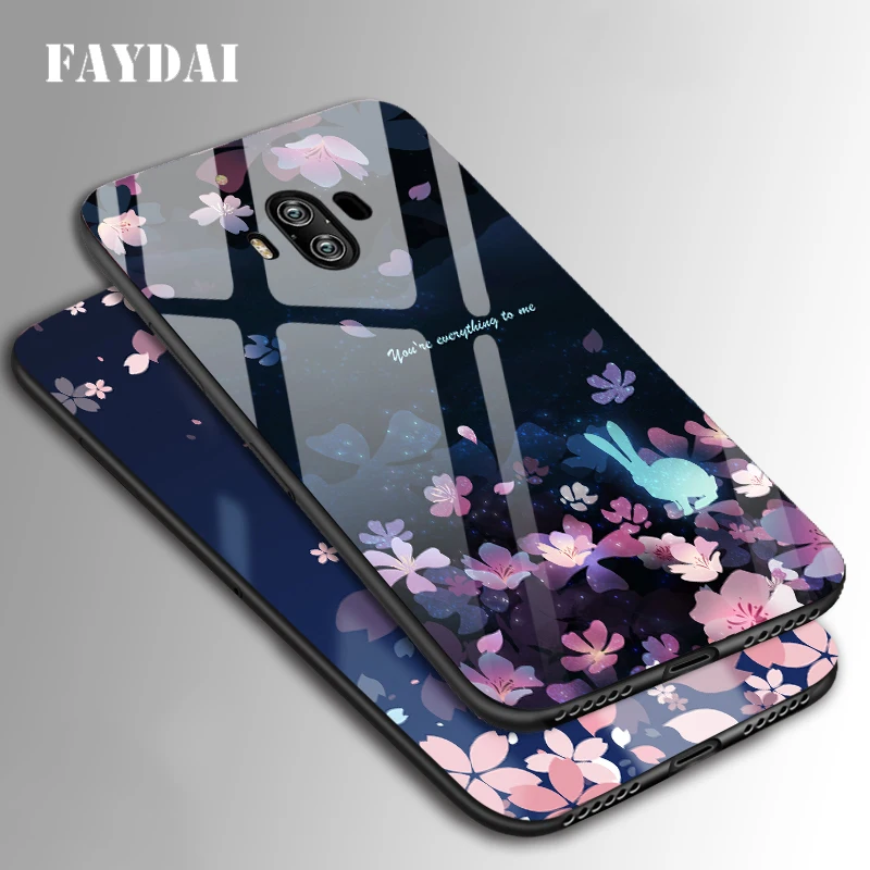 FAYDAI For Huawei Mate 10 Tempered Glass Case TPU Silicone Sakura Pattern Phone Cases Cover Pro Coque |