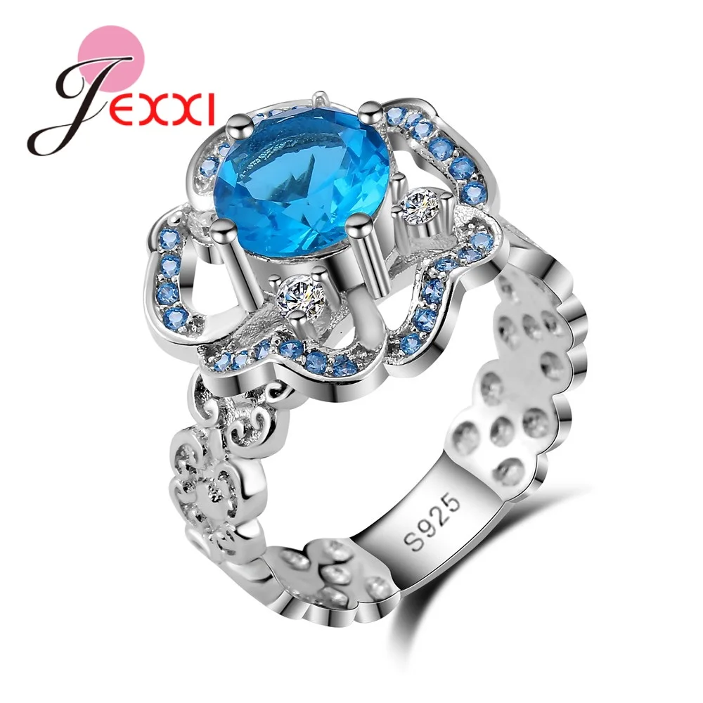 

Luxury Blue Transparent Crystal Big Flowers 925 Sterling Silver Rings For Lady Wedding Engagement Ring Fashion Jewelry