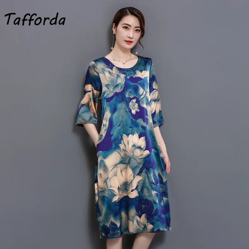 Tafforda 2018 Новое Летнее шелковое платье Женская мода cjinese Стиль с цветочным принтом