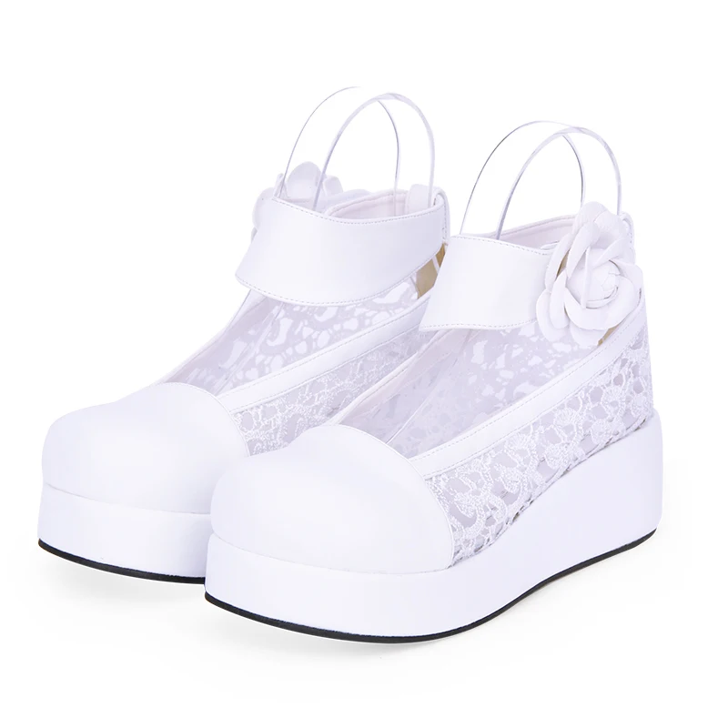 Sweet Lolita Cosplay Flower Ankle Strap Lace & Pu Leather Patchwork Wedge Shoes